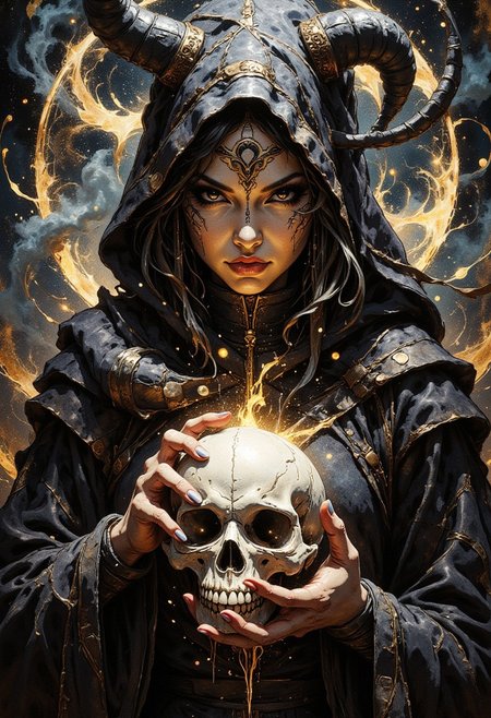 Dark Moody Atmosphere, Avant-garde, painting, evil, unsettling, best quality, masterpiece (Luis Royo style drawing), detailed face, face in sharp focus and intricate detail, extremely detailed, great lighting, BREAK, intricate details, Mystical light. Fog. female oriental necromancer mage, evil and mystical, with robes of black cloth with golden stitches. a ball in one hand and mysterious beast skull in another hand, alchemical laboratory, blending the natural with the magical, Soft natural lighting, High Definition HD, High Detail, Perfect Composition, dark fantasy movie