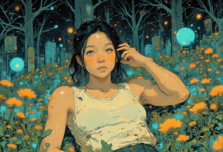 A tranquil anime-style illustration of a man lying on a lush green field surrounded by vibrant grass and small white flowers. He wears a simple white tank top, his arms relaxed behind his head, and his eyes closed, radiating peace and contentment. A group of toads lie beside him, its eyes gently closed as it basks in the sunlight.
Sunlight filters through the leaves above, creating dappled patterns of light and shadow on her face and the grass. The background features dense greenery and a serene, natural atmosphere, emphasizing the quiet harmony between the man and her surroundings. The composition captures a moment of restful solitude in nature, with warm lighting and soft textures that highlight the peaceful mood.
<lora:Anime v1.3:1.2> <lora:Blue_Future:0.9> <lora:Ethereal_Brush_Anime_v1.0:0.6> <lora:It's a LoRA for portraits, BUT! actually specialized in backgrounds. v1.0:0.2>   <lora:dreadmirth-style-art:0.6> dreadmirthart