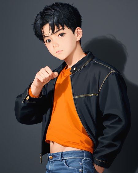 score_9, score_8_up, score_7_up, Korean, <lora:Cute_Cartoon_ArtStyle:1>,  <lora:Expressive_H:1>, ((adorable handsome young cute man:1.2, light skin)),
tae_dong, black and white jacket, orange shirt, jeans, lose shirt, navel, looking at viewer, dynamic action, expressive cute face, cute pose, male focus, 1boy, solo, cowboy shot, from side, depth of field, masterpiece, best quality, amazing quality, very aesthetic, absurdres, newest, very awa, shadow, dynamic angle,  <lora:tae_dong-000013:1>, ((tae_dong))