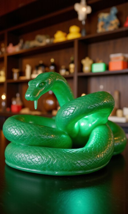 jade_snake, shebaaobao, neouv, cartoon snake made out of glowing illuminated iridescent jade ready to bite somebody on the counter of a pawn shop in New York City  <lora:jadesnakeflux-000001.safetensors:1.0> <lora:shebaobao_flux_snake_Cartoon_v2.safetensors:0.3> <lora:neouv_flux_03.safetensors:1.0>