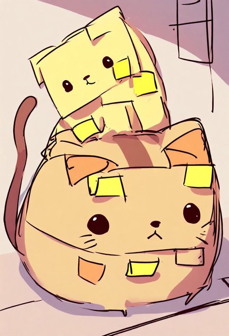 SK3, simple sketch, sharp shadows, a cute cat covered with sticky notes, Jed-StickyN, cute, kawaii