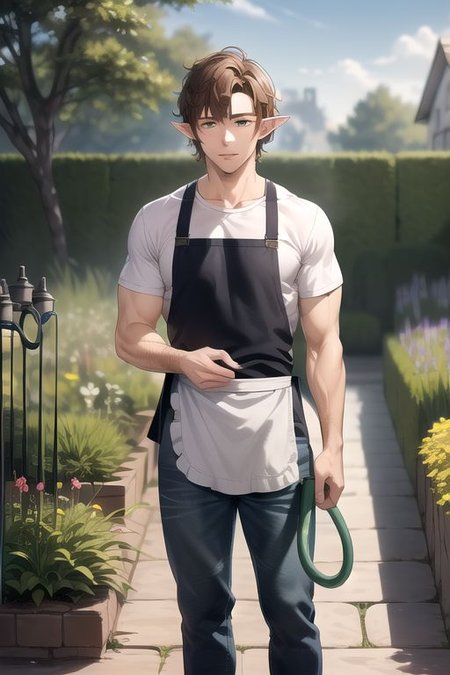 (masterpiece, intricate:1.3), (best quality, hires textures, high detail:1.2), (4k) 1boy, male, man, elf ears, medium hair, brown hair, green eyes, jeans, shirt, apron,  holding garden hose, standing in PleasantGarden,