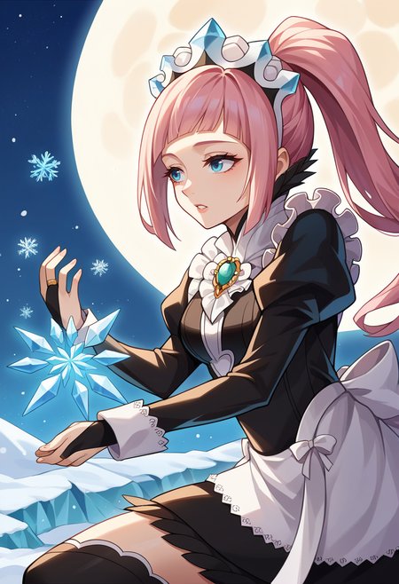 score_9, score_8_up, score_7_up, source_anime BREAK 1girl, solo, <lora:felicia-fe-richy-v1_xl:1> feliciadef, pink hair, ponytail, blue eyes, maid headdress, brooch, maid apron, black thighhighs, bridal gauntlets, icicle, casting ice spell, winter, ice, snow, tundra, dark, darkness, night sky, parted lips, beautiful, masterpiece, epic, intricate detail, furrowed brow, fine fabric emphasis, raytracing, full moon, ice magic, looking to the side,