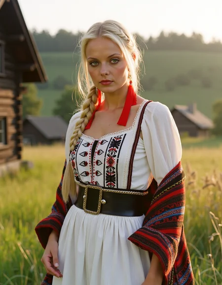 analog photography, shot by Kodak Duaflex II, ultra detailed, ultra quality, cinematic,  a mesmerizing woman with platinum blond hair woven into an elegant braid, adorned with bright red ribbons, standing in a lush meadow. She wears a traditional Romanian blouse (ie) with intricate black and red embroidery, symbolizing fertility and protection. Her flowing white skirt features delicate floral lace along the hem, and a wide, beaded belt accentuates her waist. Over her shoulders, she drapes a vibrantly woven wool shawl with geometric patterns. Her gaze is soft and mysterious, her Slavic cheekbones illuminated by the golden sunset as she stands near a quaint wooden village.  <lora:Janacovaxhres-grm80vx:1> jancov