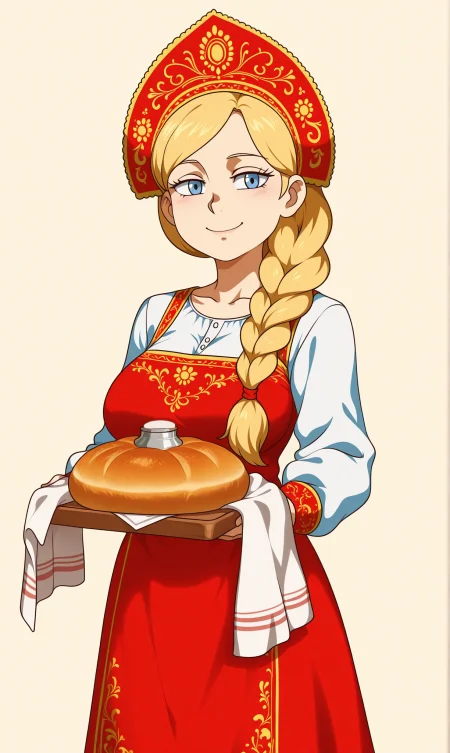 Jcm2, mature woman, blond, blue eyes, single braid, White shirt, sarafan, kokoshnik_headdress, rusdress, smile, simple background, looking at viewer, large breasts, bread on a tray, salt on bread, towel on a tray, 