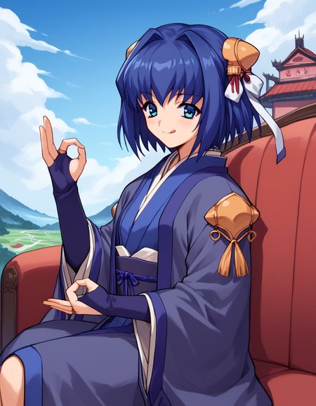 score_9, score_8_up, score_7_up, source_anime, <lora:daiakuji-yume-ova-ponyxl-lora-nochekaiser:1>, yume, short hair, blue eyes, hair ornament, blue hair, hair intakes, ribbon, hair ribbon,, long sleeves, japanese clothes, bridal gauntlets,, floating castle, sky, magical, clouds, fantasy, smile, <lora:money-gesture-ponyxl-lora-nochekaiser:1>, money gesture, blush, sitting, couch, arm support, smile, tongue out, knee up, from above, looking at viewer, solo,, dutch angle, cowboy shot