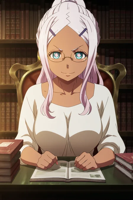 anime screencap, anime coloring, detailed face, masterpiece, best quality, very aesthetic, absurdres, official style, amazing quality, ultra detailed,  highres, amazing quality, scenery, beautiful detailed hair, beautiful detailed eyes,
<lora:StS-Illustrious-Detail-Slider-v1.0:4>
girl is 20 years old,
 <lora:Hibana_Fire_Force:1>
Hibana (character), 1girl, solo, dark-skinned female, long hair, white hair, symbol-shaped pupils, blue eyes, large breasts,
Hibana white shirt (outfit), glasses, book, ponytail, hairclip, pink hair, hair ornament, bookshelf, library, sitting, chair, looking at the viewer, smile, cowboy shot