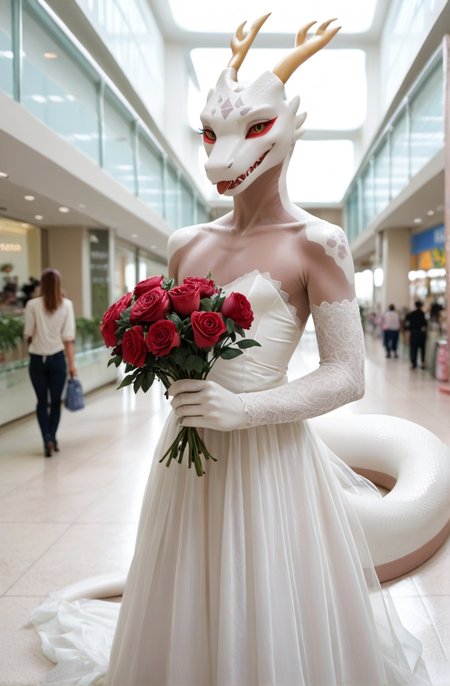 <lora:Lucian_Paledrake:0.8> lucian_paledrake, anthro dragon, white scales , flat chest, wedding gown,  holding roses, mall, <lora:Pony_QualityV4.0:1.12> zPDXLxxx, zPDXLrl, zPDXL3