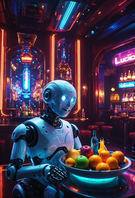 Psychedelic style ((( AI Lucid Dream Guide: A robot that interacts with users during lucid dreams to guide their experiences. ,12. Upscale Nightclub with VIP Bottle Service, )))
 (((with exaggerated expressions))) Sporting Neon Tube Lighting: This fruit glows like a sign from a retro diner, brightening up your fruit bowl with its electric personality., Cinematic Storytelling Frames: Compose shots as if they were stills from a movie scene; use dramatic lighting, unique angles, and compelling subjects to evoke narrative depth in your photography..(dynamic:1.1),sun rays, 
(Vivid, HDR, Canon50, 8K, Hyper Realistic, Dramatic, Epic, Dynamic Contrast, Cinematic Lighting, increased brightness)(((Zoomed Out, Far away Shot))) = =. Epic dynamic lighting , vibrant,highly detailed,psychedelic,((Psychedelic, rainbow glow ))
((Vivid, Epic, Dynamic contrast)) (((Zoomed out, Far away shot, In frame)), (((Cinematic, Studio lighting, Contrast)))
<lora:juggernautXL_version6Rundiffusion:0.8><lora:rundiffusionXL_beta:0.8><lora:epicrealismXL_v5Ultimate:0.8><lora:crystalClearXL_ccxl:1><lora:extremely_detailed:0.8> extremely detailed
 <lora:hyperkraximalism:0.3> hyperkraximalism
<lora:QuadpipeQp_sdxlV2:0.4> 
<lora:xl_more_art-full_v1:0.1>
<lora:RMSDXL_Darkness_Cinema:0.4>
<lora:glowneon_xl_v1:0.8> glowneon, glowing, sparks, lightning, - Generate images with sharp edges and fine details.
- Produce high-resolution images with no blurriness or distortions.
- Create images with clear and well-defined subjects.
- Ensure that the output images have crisp lines and distinct features.
- Generate images with vibrant colors and accurate tones.
- Avoid noise or artifacts in the generated images.
- Focus on producing clear textures and patterns in the images.
- Emphasize clarity and definition in all aspects of the generated images.
- Prioritize the sharpness and clarity of the main subjects in the images.
- Optimize the AI model to produce clear and visually appealing images., Wlop, By art germ . Vibrant colors, swirling patterns, abstract forms, surreal, trippy