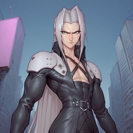 score_9, score_8_up, score_7_up, flightless detailed closeup action shot, from front, Sephiroth leaping through the air swinging very long sword in a wide overhead arc, smug expression, dynamic pose, exaggerated perspective emphasizing action, in an industrial city at night, dim street lighting, solo, beautiful, androgynous, flat chest, leather straps, broad shouldered, leather coat, high contrast, industrial cityscape background,