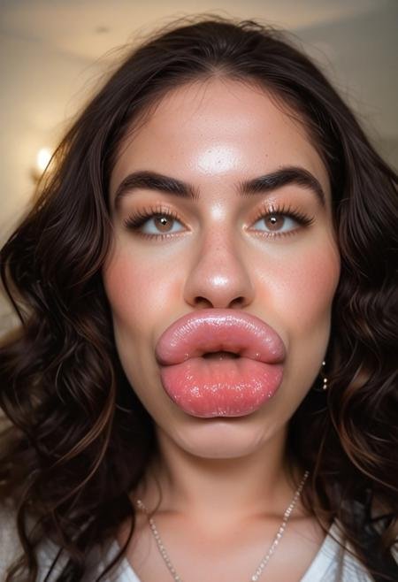 source_photo, RAW, real life photo, photo, photorealistic, quality, detailed, realistic skin, depth of field, film grain, grainy, skin texture, white balance, volumetric lighting style, 
adult, woman, adult, solo, babe, gorgeous, brunette, hazel eyes, curly hair, thick dark eyebrows, high cheekbones, earrings, necklace, 
(huge lips:1.5), enormous lips, plump lips, big lips, (hard pouted lips), lips, full lips, full lips, fake lips, realistic lip texture, closed mouth, 
Long hair, dark brows, shirt, 
(feminine chin, round smooth chin), 
(Colored background), (side view), standing