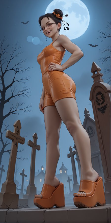 score_9, score_8_up, score_7_up, score_6_up, realistic,
wide angle, standing, low angle, foot focus, from side,
standing,
1girl, dark skin, goth, curly hair buns, round glasses, hair ornament, evil smile, fangs,
ï»¿(mega wedge heels:1.2), platform footwear,
orange romper, skintight clothing,
halloween scene, fog, cemetery, night,
orange toenail polish,
embedding:zPDXLrl ,
embedding:zPDXL2 ,