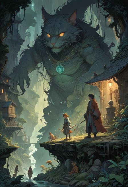 fantasy illustration by John Howe, James C. Christensen, Richard Hescox, Hayao Miyazaki, Lois van Baarle Jason A. Engle Gerald Brom Yoshitaka Amano Moebius, Victo Ngai Katsuya Terada, hyperdetailed, hyper quality, artstation winning award, bright highlights, deep shadows, cat
