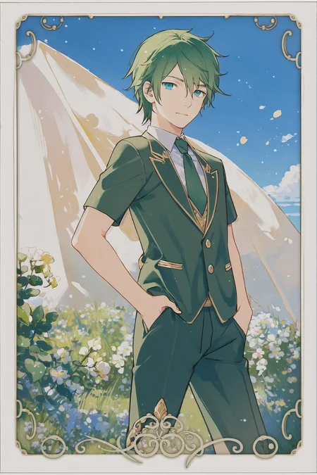 <lora:TradingCard:1> 1boy, male focus,  solo, blue eyes, green hair, semi realistic, (masterpiece), trading card style,