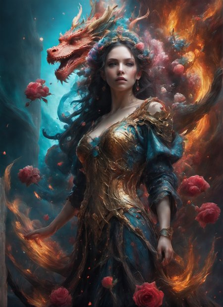 ((masterpiece)), (best quality), official art, ultra detailed,Dragon,apocalyptic,mythical,gargantuan, <lora:betmd:0.9>,in the style of betmd,magical,fantasy,roses,wise queen,cinematic,sorcerress casting a spell