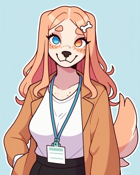 score_9_up, score_8_up, score_7_up, score_6_up, by remanedur, half-length portrait, medium breasts, long hair, dog, heterochromia, office lady, lanyard, skirt, shirt, white shirt, jacket, bone hair ornament, freckles, female, looking at viewer, tail, solo, happy, smile, three-quarter view, head tilt, simple background, white outline,<lora:Leah_Pines(AIM)_XL_v1:0.15> <lora:PDXL_artist_tags_v2_big:0.5> <lora:The-Minuscule-Task_PDXL_v1.0:0.6>  <lora:Clover_FoxyPew:0.5>