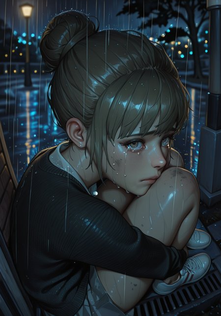 artist:moriimee,side view, kate, short hair, dirty/dark blonde hair, hazel eyes, slender, from above, hugging legs, crying, sad, puffy eyes, hair bun, bangs, (dark wool) cardigan, blouse, (grey) skirt, (white) sneakers, outdoors, park, night, ((foreshortening)), (fisheye effect) dramatic lighting, dark lighting, contrast lighting, solo, 1girl, (((depth of field, blurry background))), looking at viewer, raining, tree, lamp, windy, realistic, full body, embedding:IllustriousQual, artist:moriimee,side view, kate, short hair, dirty/dark blonde hair, hazel eyes, slender, from above, hugging legs, crying, sad, puffy eyes, hair bun, bangs, (dark wool) cardigan, blouse, (grey) skirt, (white) sneakers, outdoors, park, night, ((foreshortening)), (fisheye effect) dramatic lighting, dark lighting, contrast lighting, solo, 1girl, (((depth of field, blurry background))), looking at viewer, raining, tree, lamp, windy, realistic, full body, embedding:IllustriousQual,<lora:MoriiMee_Gothic_Niji_Style_Illustrious_r1.safetensors:1.0:1.0> <lora:kateLIS_ILXL.safetensors:0.8:0.8>