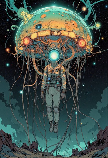 masterpiece, high-quality, A lone astronaut floats in the vast expanse of space, tethered to a colossal, bioluminescent jellyfish that drifts through a nebula of swirling emerald and gold.  The camera captures the scene from a wide, cinematic angle, emphasizing the astronaut's isolation against the backdrop of cosmic grandeur.  The jellyfish's translucent bell pulsates with an inner light, casting ethereal glows upon the astronaut's visor, reflecting the hyperdetailed tapestry of distant galaxies. The scene evokes a sense of wonder and the delicate balance between human exploration and the mysteries of the universe, <lora:FLUX\Anime v1.3:0.5> <lora:FLUX\Blue_Future:0.6> <lora:FLUX\Flux.1_MechanicalBloom:0.5> <lora:FLUX\ck-nc-luminal-genesis-000016:0.6> <lora:FLUX\DarksunRiddV4:0.6>