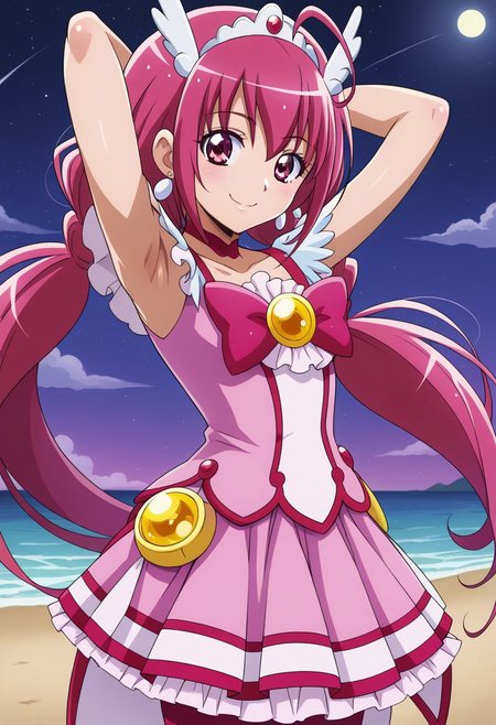 curehappy, high quality, solo, night sky, beach, arms behind head, {contrapposto}, closed mouth, spread armpits, cowboy shot, looking at viewer, smile, best quality,