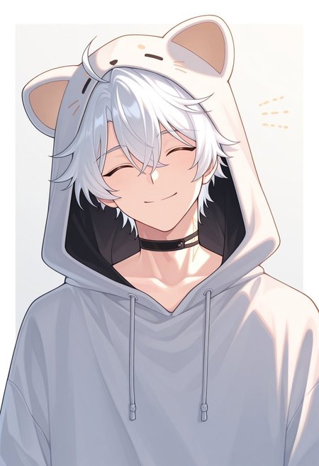 masterpiece,best quality,amazing quality, source_anime, 
Phainonhsr, 1boy, male focus, solo, closed eyes, white hair, black choker, neck tatto, hoodie, animal hood, hood up, smile,