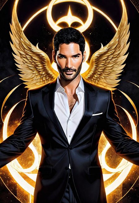 hyper detailed handsome Lucifer Morningstar (Tom Ellis), coherent rugged face, wavy luxurious hair, on black velvet canvas, centered composition, rule of thirds, drop shadowed, art by Todd McFarlane, charlie bowater, tom wood, keith garvey