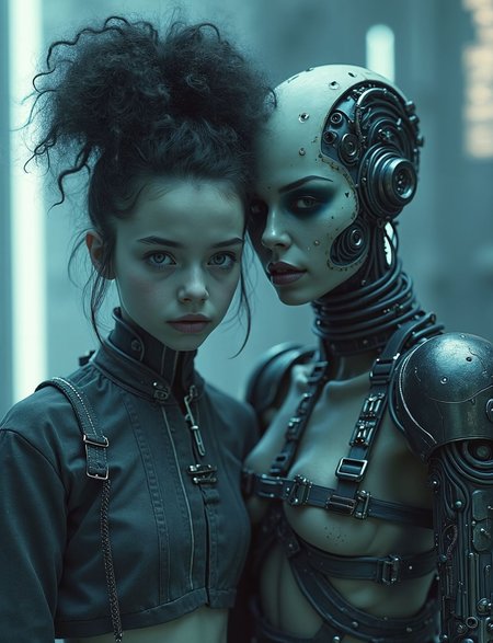 Breathtaking hyper-realistic monochrome photograph: resentful girl with piercing eyes, juxtaposed against an electromechanical robot-clown. Intricate circuitry forms a wild updo and body paint. Cropped jacket with industrial straps. Backdrop: futuristic steel-blue laser city, neon-lit vegetation. 35mm film, shallow depth of field, cinematic composition.