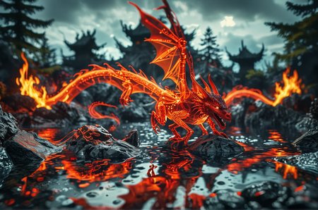 Close up photo of a ((red dragon)) gliding over a lava pool, reflections in the water, volcanos in the style of double exposure, Art Nouveau, long exposure, layered lines, chiaroscuro, the best quality, masterpiece, absurdres, Long_Exposure ral-exposure, i <lora:ral-exposure-sdxl:0.700000>