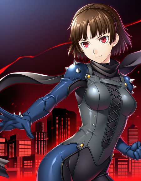 (tsuy0k1ss),  <lora:1_illu_tsuyokiss_8e:1>, 1girl, Niijima Makoto, Persona 5, cowboy shot, brown hair, red eyes, crown braid, blue bodysuit, scarf, shoulder spikes, smile, closed mouth, short hair, small breasts, fighting stance, Tokyo, red and black background, city, (masterpiece, best quality, amazing quality),