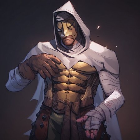 score_9, score_8_up, score_7_up, masterpiece, best quality, newest, absurdres, highres, 1boy, DDLEP-V1.0, armor, mask, metal mask, golden mask, gloves, brown gloves, bandages, hood, hood up, abs
