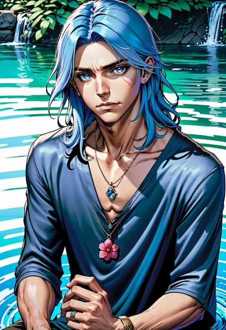 long hair, looking at viewer, 1boy, male focus, solo, bara, brown eyes, jewelry, blue hair, collarbone, flower, earrings, water, ring,