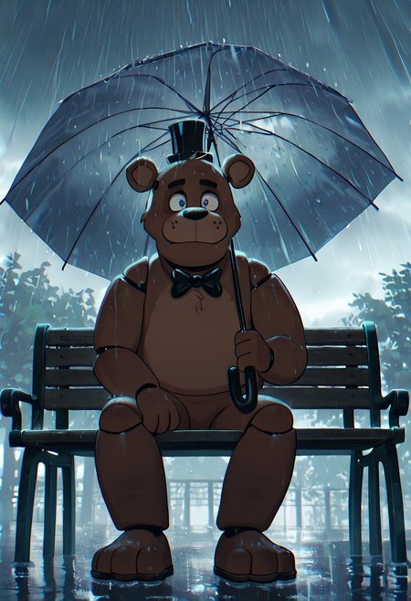 masterpiece, best quality, amazing quality, very aesthetic, absurdres, newest, detailed background,
cartoon, screencap, 
freddyit, 1boy, black mini top hat, black bowtie, bear ears, joints,  animatronic,
heavy rain, raining, grey sky, holding umbrella, sitting on park bench, raining