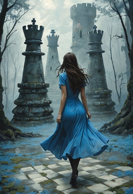(water-colored), illustration, style of Jessica Galbreth,
(far view, far shot, rear view, facing away:1.3),
(Alice, woman walking, very long dark brown hair,  hair rim lighting, hair in the wind, blue maid dress with short sleeves, black tights, black shoes:1.5), 
fog, dreamy, dream, landscape, cloudy, raining, forest,
(tiled floor, giant chess pieces, chess board, chess, giant towers, ruins, chesshire:2)