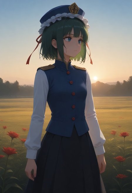 1girl, solo, solo focus, highres, absurdres, shikieiki, green hair, frilled hat, blue eyes, blue headwear, short hair,
long sleeves, black skirt, white shirt, blue vest, red ribbon, epaulettes, small breasts, 
looking afar,
dusk, flower field, red spider lily, gradient sky, backlighting,