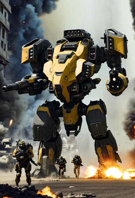 intricately detailed digital image, absurdres, <lora:mecha:1> HD32K 8K, <lora:add-detail-xl:1>, BREAK giant black and yellow mecha, robot, holding rocket launcher, aiming at viewer, firing rocket, <lora:mecha:1> BREAK on sci-fi futuristic city street, surrounded by soldiers in sci-fi futuristic body armor, size difference, smoke, explosions, ruins, armored vehicles, military aircraft