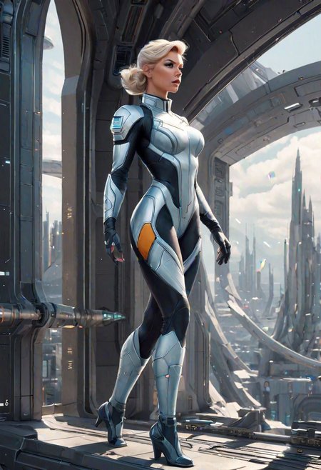 digital painting, pinup, woman, muscular hourglass figure, scifi, space opera,solarpunk,nano-eden, elf, space salvager, full body, wearing skin-tight uniform, noon, architecture, "at the Monochromatic lost Galaxy", by Dmitry Vishnevsky<lora:EnvyPulpScifiXL:0.35>