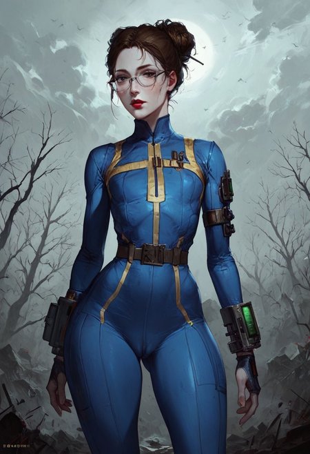 score_9, score_8_up, score_7_up, Expressiveh, 
BREAK 1girl, 20 year old, petite, wearing a vault tec fallout vault suit, pipboy3000, fallout, harsh sunlight, standing, posing shyly in the wasteland,randome pose, brown hair, hairbun,  scientist glasses, hourglass figure, huge ass, flat chest, cameltoe,