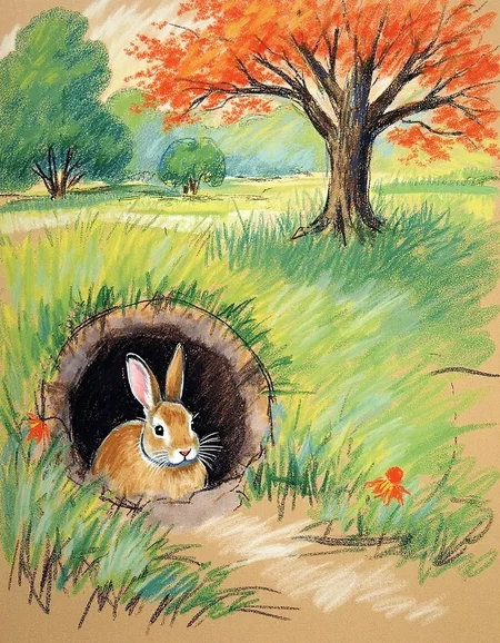 marycassatt2 drawing, a rabbit is looking out of a rabbit hole in a japanese landscape