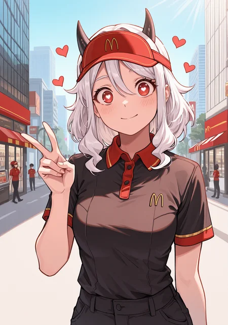 masterpiece, best quality, 1girl, solo, mod3us, medium hair, white hair, hair between eyes, black horns, demon horns, McUniform, black shirt, employee uniform, polo shirt, visor cap, outdoors, urban, day, (peace sign), hand up, upper body, red eyes, heart-shaped pupils, black pants, street, cityscape, chinese signs, skyscraper, sunlight, busy street, crowded, clear sky, looking at viewer