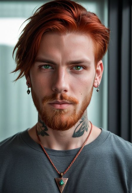 aszkstzz, jewelry, 1boy, facial hair, pointy ears, solo, male focus, necklace, beard, earrings, green eyes, red hair, realistic, looking at viewer, tattoo, grey shirt, upper body,  shirt, pendant, hyperdetailed photography, soft light,   cinematic angle, masterpiece, best quality ,
