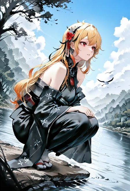 masterpiece,best quality,cinematic lighting, natural shadow,highest detail,detailed background,depth of field,insane details,intricate,erotic and aesthetic,subsurface scattering,
1girl, aesthetics, dynamic angle, from front, body,
parted lips, serene atmosphere,
river, small river, forest, tree, birds, river stone, squatting, riverside, riverbank, squatting on riverside,
sky, blue sky, clouds, natural shadow,
<lora:kaelaIL:0.95> kaelaIL, kaelakimono, japanese clothes, black kimono, wide sleeves, hair flower, bare shoulders, long hair,
finely detailed face, beautiful face,
<lora:TER_ILL_V1:0.65>
<lora:InkWashpainting:1.5>