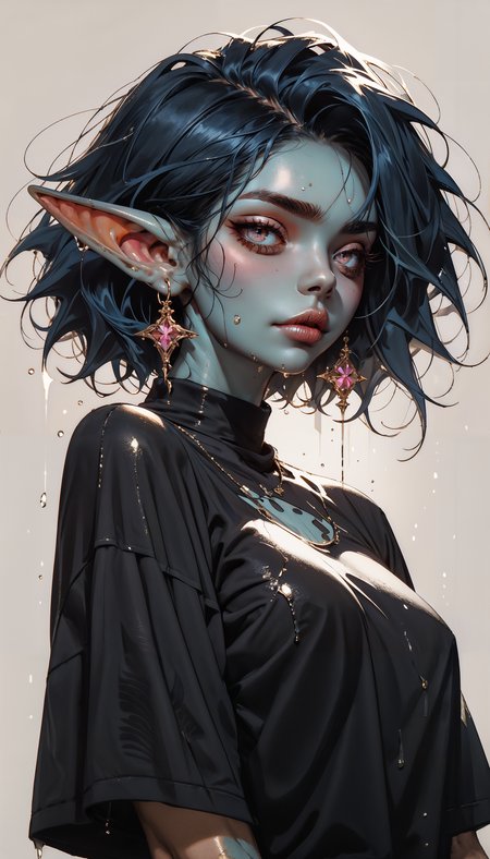 score_9, score_8_up, score_7_up, score_6_up, score_5_up, score_4_up,  source_anime, 1girl, curvy chest, xxl shirt, goblin ears, dark and blue skin, dark blue hair, pink eyes, wet body,  <lora:Expressive_H-000001:0.6>, expressiveH    <lora:g0th1cPXL:0.4> <lora:incase_style_v3-1_ponyxl_ilff:0.3>    <lora:sinfully_stylish_SDXL:0.4>