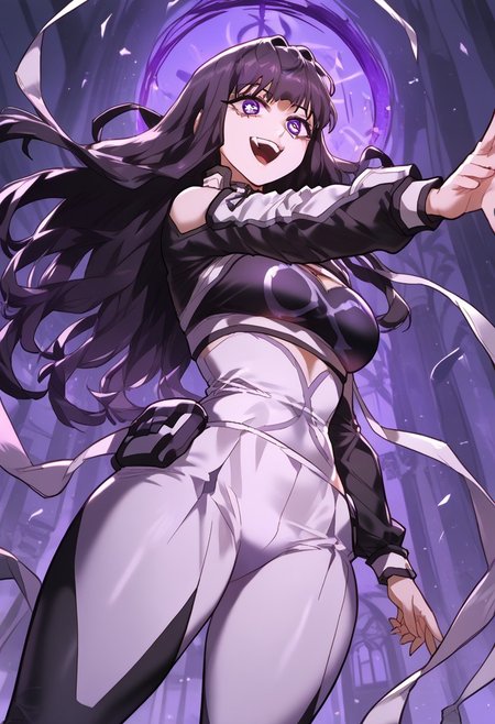 zPDXL3, score_9_up, score_8_up, score_7_up, (Anime_source), 1girl, Sinka, purple eyes, black hair, long hair, Sinka clothes, glowing, from below, flying, looking at viewer, particles, dark theme, smile, open mouth, cowboy shot