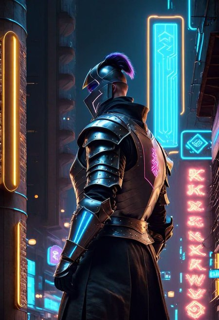 Late night in the street of a neon-lit city, a medieval knight walks through the streets of a cyberpunk city on his horse, his armour reflecting the neon light,