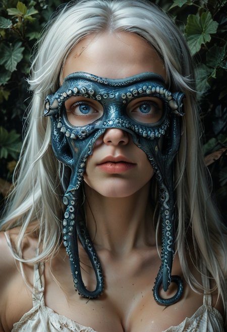 score_9, score_8_up, score_7_up, rating_safe, concept art, semi-realistic, 1girl, solo.
Young beautiful face, fit body, 
Long white hair, Blue eyes. 
(Big breast:1.5), (Round breast:1.5).
OctopusMask, Tentacle eye mask. 
(Long tentacle:1.2)