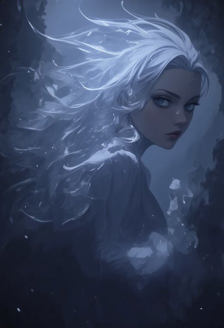 An Acrylic style painting that is expressive, gives it a dynamic and emotional quality. Anime art of a stylized portrait of a female ghost floating in the air. her translucent skin creates a dramatic and surreal effect. The woman has a ethereal aesthetic, complimented by her ghostly aura. Anime art of ghost draped in shadows with a lighting that enhances her unique features.
foggy atmosphere, graveyard setting,