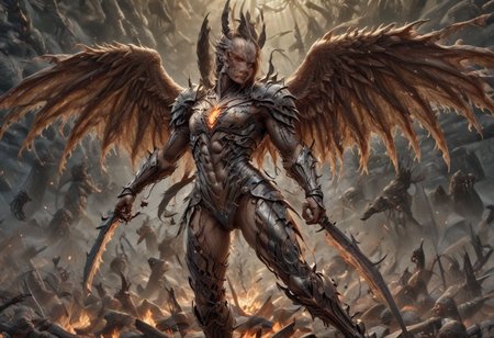 score_9, score_8_up, score_7_up, rating_explicit, intricate detail, chromatic aberration, realistic, detailed face, detailed legs, correct anatomy score_9,score_8_up,score_7_up,score_6_up,ciprealism, (masterpiece:1.2, best quality, ridiculous resolution, ultra detailed ),realistic ,painting,female angel (wings), ((flaming sword in hand)),extremely delicate and beautiful face, detailed face, realistic skin, (pale skin), action ((angel swings sword at demon)) 1 demon ((huge)), ((looks like an eerie spawn of hell)) (size difference: 1.4), divine bright night: 1.2), battle between good and evil, ((apocalyptic picture)), perspective, far, near, side, top, bottom