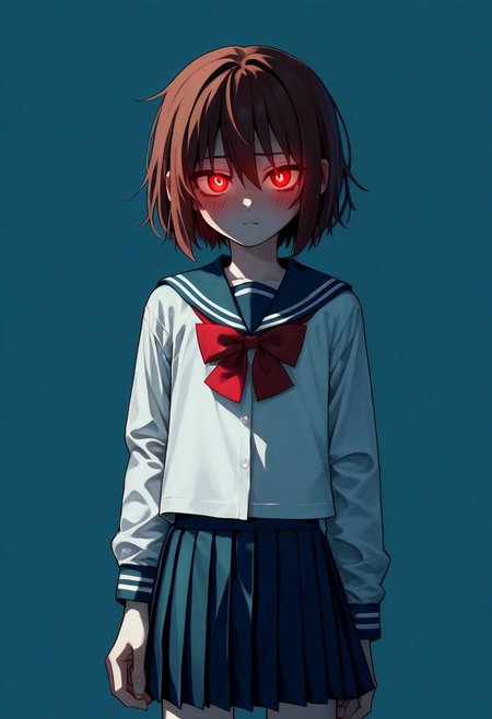 Chara,canon, red eyes, brown hair, short hair, blush, red eyes, young, skinny, source_anime,score_9, score_8_up, score_7_up,1girl, solo, androgynous, glowing eyes, school uniform, skirt, shirt,