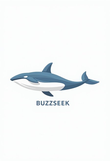 vector art logo of a blue killer whale in minimalist style in  plain white background. business style word "BUZZSEEK".