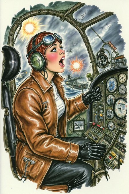 d0sn Illustration. A female pilot screaming inside the cockpit of a WWII bomber. The pilot, wearing a vintage leather flight helmet with goggles and a brown bomber jacket, grips the controls with white-knuckled hands. Her face is contorted in a mix of fear and determination as she yells, her eyes wide with adrenaline. The cockpit is cramped and filled with old-fashioned dials and gauges, with the outside view showing dark stormy clouds and distant anti-aircraft fire. The scene is lit by the eerie glow of the instrument panel, casting harsh shadows across her face, emphasizing the intensity and danger of the moment. High contrast, dynamic composition, gritty and realistic, with a cinematic feel.  <lora:d0sn_illus1_fl_d6a3:1.0><lora:803604491787109271:0>