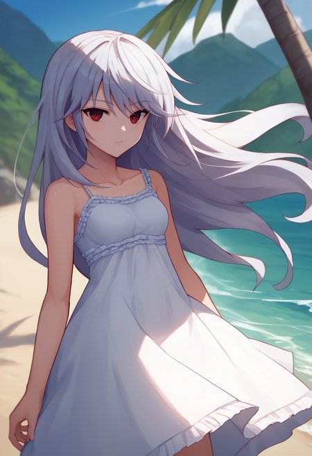 score_9, score_7_up, 1girl, solo,    kzk, silver hair, long hair, red eyes, sundress, beach, looking at viewer,     <lora:Kazuki FF 5-000008:1>